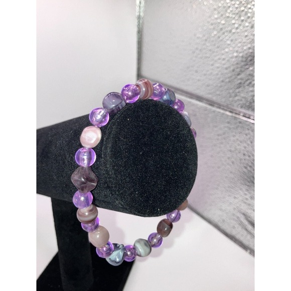 Purple Different Stripe Agate Stretch 3 7/8 Inch Around Bracelet! - Picture 3 of 6